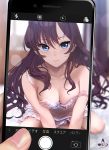  1girl blue_eyes breasts brown_hair cellphone cellphone_picture chemise cleavage dress highres ichinose_shiki idolmaster idolmaster_cinderella_girls infinote kneeling lips long_hair looking_at_viewer medium_breasts off-shoulder_dress off_shoulder on_bed phone signature smile 