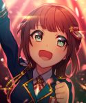  1girl :d amami_haruka arm_up blurry blurry_background brown_hair green_eyes hair_ornament highres idolmaster idolmaster_(classic) jugemu_(qqkyon) long_sleeves open_mouth short_hair smile solo sparkle star star_hair_ornament upper_body wing_collar 