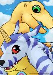  agumon blacksapphiredragon blue_body blue_fur blue_markings claws cloud digimon digimon_(species) eyelashes fur gabumon green_eyes hi_res horn looking_at_another male markings open_mouth orange_body red_eyes signature smile teeth yellow_body 