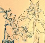  2020 anthro antlers bag beastars blush bodily_fluids canid canine canis cervid clothing coat covering covering_mouth digit_ring duo fur horn jewelry legoshi_(beastars) louis_(beastars) male male/male mammal marriage_proposal ring smile tears topwear traditional_media_(artwork) wedding_ring wolf wuffinarts 