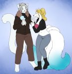  ajna anthro barefoot blonde_hair breasts canid canine cleavage clothed clothing digitigrade domestic_cat duo felid feline felis female footwear fox fur grey_hair hair hi_res ice_cream_cone male male/female mammal midriff multi_tail plantigrade shoes white_body white_fur 