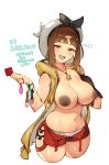  1girl :d areolae atelier_(series) atelier_ryza breasts brown_eyes brown_hair commentary condom coon dark_areolae dark_nipples hair_ornament hairclip hat highres holding holding_condom jewelry large_breasts looking_at_viewer navel necklace nipples open_mouth red_shorts reisalin_stout short_hair short_shorts shorts simple_background smile solo star star_necklace sweat teeth thick_thighs thighs translation_request upper_teeth used_condom white_background white_headwear wide_hips 