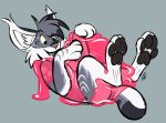  ambiguous_gender black_pawpads countershading felid feline feral fur goo_transformation grey_body grey_fur lynx male mammal mid_transformation pastelcore pawpads pink_goo pink_nose simple_background solo transformation white_countershading 