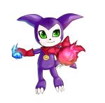  3_fingers 3_toes absurd_res ambiguous_gender bandanna black_nose claws clothing demon digimon digimon_(species) fingers gloves green_eyes handwear hi_res imp impmon july-monmon purple_body simple_background smile smiley_face solo toe_claws toes white_background white_body white_claws 