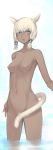  1girl animal_ears artist_name blonde_hair blue_eyes breasts cat_ears cat_girl cat_tail chienon collarbone cowboy_shot dark_skin facial_mark final_fantasy final_fantasy_xiv groin hair_tubes looking_at_viewer medium_breasts miqo&#039;te navel nipples nude platinum_blonde_hair pubic_hair short_hair slit_pupils solo tail tail_censor wading water wet y&#039;shtola_rhul 