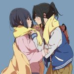  2girls arm_up backpack bag black_hair blue_background blue_eyes blue_hair blush bomber_jacket brown_eyes brown_pants closed_mouth commentary_request eye_contact face-to-face from_side hair_between_eyes hand_on_another&#039;s_arm hibike!_euphonium jacket kasaki_nozomi liz_to_aoi_tori long_hair long_sleeves looking_at_another multiple_girls pants pink_shirt ponytail pullover red_backpack ree_(re-19) scarf shared_clothes shared_scarf shirt short_ponytail sidelocks simple_background smile upper_body white_shirt white_sleeves yellow_scarf yoroizuka_mizore yuri 