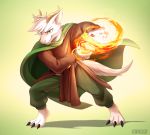  3_toes 4_fingers anthro clothed clothing dragon fingers fire fireball fur furred_dragon green_eyes hair horn magic male seyumei smile solo standing toes white_body white_fur white_hair 