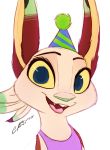  2018 absurd_res anthro blue_eyes buckteeth bust_portrait clothed clothing fur green_nose hat headgear headwear hi_res lagomorph leporid looking_at_viewer mammal open_mouth open_smile party_hat pointedfox portrait rabbit ribbontail_(character) signature simple_background smile solo teeth tongue white_background 
