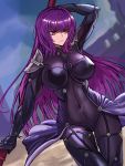  1girl absurdres bodysuit breasts covered_navel fate/grand_order fate_(series) frown gae_bolg hair_intakes highres holding holding_weapon large_breasts leotard long_hair looking_to_the_side loooyd pauldrons polearm purple_bodysuit purple_hair purple_leotard red_eyes scathach_(fate)_(all) scathach_(fate/grand_order) scenery shoulder_armor solo spear weapon 