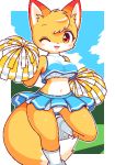 2020 aliasing amber_eyes anthro blush border bottomwear bra breasts canid canine cheerleader clothing dipstick_ears dipstick_tail female footwear fox fur head_tuft low_res mammal midriff multicolored_ears multicolored_tail one_eye_closed panties panty_shot pom_poms raised_clothing raised_skirt shoes simple_background skirt solo takiune_(pixiv) tuft under_boob underwear white_border wink yellow_body yellow_fur 