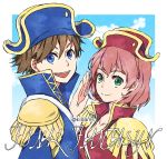  blue_eyes breasts brown_hair butz_klauser cannoneer cleavage cleavage_cutout copyright_name final_fantasy final_fantasy_v green_eyes hat kidani_mami lenna_charlotte_tycoon pink_hair pirate_costume pirate_hat smile twitter_username 
