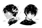  1boy bangs dissolving dissolving_clothes english_text frown greyscale hair_between_eyes headphones looking_at_viewer looking_away male_focus miwa_shuuji monochrome multiple_views parted_lips profile simple_background standard666 turtleneck white_background world_trigger 