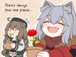  2girls animal_ears arknights blush brown_hair cuora_(arknights) eating english_commentary english_text eyebrows_visible_through_hair fang grey_hair guin_guin hair_between_eyes hat jacket long_hair multiple_girls plant potted_plant projekt_red_(arknights) wolf_ears 