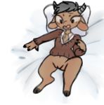  anthro biped blush bottomless bovid bovine brown_body brown_fur cattle claws clothed clothing digital_media_(artwork) female fur genitals hair hooves horn looking_at_viewer lying lying_on_bed mammal manitka manitka_(character) on_back open_mouth pillow pussy shirt simple_background solo spread_legs spreading sweater topwear 