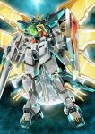  after_war_gundam_x beam_rifle energy_gun garimpeiro glowing glowing_eyes glowing_wings green_eyes gun gundam gundam_double_x highres holding holding_gun holding_weapon looking_at_viewer looking_down mecha mechanical_wings moon robot solo space weapon wings 