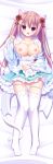  1girl :d absurdres animal_band_legwear animal_ear_fluff animal_ears apron bed_sheet blue_kimono blue_skirt blush breasts brown_hair cat_band_legwear cat_ears cat_girl cat_tail collarbone commentary_request dakimakura fang flower frilled_apron frilled_skirt frilled_sleeves frills full_body groin hair_flower hair_ornament hair_ribbon hairclip hand_up highres japanese_clothes kimono large_breasts long_hair lying nail_polish nipples no_shoes off_shoulder on_back open_clothes open_kimono open_mouth original panties panty_pull pigeon-toed pinching_sleeves pink_nails red_eyes red_ribbon ribbon shiwasu_horio sidelocks skirt sleeves_past_wrists smile solo tail thighhighs twintails underwear very_long_hair wa_maid white_apron white_flower white_legwear white_panties wide_sleeves 