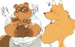  2020 animal_crossing anthro blue_eyes bottomwear brown_body brown_fur canid canine carrying clothing crazy_redd eyes_closed fox fur group hyaku_(artist) japanese_text kemono male mammal nintendo overweight overweight_male raccoon_dog shirt shorts tanuki text timmy_nook tom_nook_(animal_crossing) tommy_nook topwear video_games 