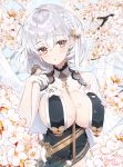  1girl azur_lane bangs bird blush braid breast_curtains breasts cherry_blossoms chii_(nyaong9) china_dress chinese_clothes cleavage dress flower gloves grey_dress hair_between_eyes hair_flower hair_ornament half_gloves large_breasts looking_at_viewer neckwear_between_breasts open_mouth petals red_eyes revealing_clothes see-through_sleeves sheer_clothes short_hair side_braid sideboob sirius_(azur_lane) sirius_(azure_horizons)_(azur_lane) sparkle tree_branch white_gloves white_hair 