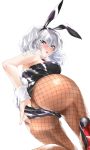  1girl adjusting_clothes adjusting_leotard all_fours animal_ears ascot ass black_footwear black_leotard blue_eyes breasts brown_legwear bunny_ears bunny_tail bunnysuit cleavage commentary_request detached_collar fishnet_legwear fishnets full_body high_heels kantai_collection kashima_(kantai_collection) large_breasts leotard looking_at_viewer looking_back pantyhose red_neckwear sidelocks silver_hair solo strapless strapless_leotard tail tororo_ten twintails wavy_hair white_background wrist_cuffs 