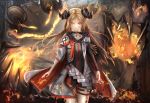  1girl 1other arknights asymmetrical_sleeves blonde_hair cape commentary_request demon demon_horns fire fireball highres horns ifrit_(arknights) kayjae24 long_hair o older ore_lesion_(arknights) originium_arts_(arknights) shorts 