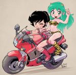  2girls animal_print benten black_hair blue_eyes brown_eyes chain chibi gloves green_hair ground_vehicle horns kawasaki kawasaki_gpz400r kiichi lum motor_vehicle motorcycle multiple_girls one_eye_closed oni_horns tied_hair tiger_print urusei_yatsura v 