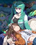  2girls bangs bare_shoulders black_tank_top blue_shorts blush breasts brown_hair charlotte_(madoka_magica) cleavage closed_eyes closed_mouth collarbone eyebrows_visible_through_hair green_hair green_jacket hair_between_eyes hair_ornament hair_ribbon hand_on_another&#039;s_chest hand_on_another&#039;s_head highres jacket lap_pillow long_hair long_sleeves looking_at_another magia_record:_mahou_shoujo_madoka_magica_gaiden mahou_shoujo_madoka_magica multiple_girls navel noeru open_mouth orange_jacket purple_eyes red_skirt ribbon rumor_tsuruno shirt shorts side_ponytail sidelocks sitting skirt sleeping smile striped striped_skirt stuffed_animal stuffed_toy tank_top white_shirt yui_tsuruno yuri 
