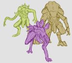  2020 anthro balls big_balls big_penis colored erection genitals group hi_res humanoid_genitalia humanoid_penis infested_(warframe) infested_ancient long_arms machine male moa_(warframe) penis robot simple_background sketch standing tentacle_in_mouth tentacles video_games warframe wolfarion 