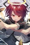  1girl arknights bangs black_shirt blurry blurry_background bullet commentary_request crossed_arms depth_of_field dual_wielding exusiai_(arknights) eyebrows_visible_through_hair glowing grin halo highres holding jacket looking_at_viewer mouth_hold parted_lips red_eyes red_hair shirt short_sleeves smile solo sugar_(dndi888) v-shaped_eyebrows white_jacket 