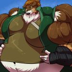 1:1 anthro belly big_belly big_muscles blonde_hair bobert canid canine canis clothing collie domestic_dog female fingerless_gloves gloves grin hair hand_on_stomach handwear herding_dog hi_res huge_muscles hyper hyper_muscles jacket looking_at_viewer mammal musclegut muscular navel neck_tuft pastoral_dog sheepdog shirt smile solo topwear tuft 
