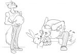 2020 anthro beastars belly big_belly bottomwear canid canine canis claws clothing dress duo female footwear fur haru_(beastars) jabberwockychamber lagomorph leaning legoshi_(beastars) leporid looking_at_viewer male male/female male_pregnancy mammal monochrome navel pants pregnant presenting_belly rabbit shirt shoes smile sniffing tailwag topwear wolf 