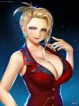  1girl artist_name bangs bare_shoulders black_nails blonde_hair blue_eyes bra breasts cleavage collarbone curly_hair dress earrings easonx evil_smile final_fantasy final_fantasy_vii final_fantasy_vii_remake jewelry lace lace-trimmed_bra large_breasts looking_at_viewer nail_polish necklace patreon_username red_dress scarlet_(ff7) short_ponytail sidelocks smile underwear 