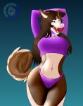  absurd_res anthro breasts brown_body brown_fur brown_hair canid canine canis chanette_(capuccinichan) clothing collar darkdukewolf domestic_dog ear_piercing female fur hair hi_res long_hair looking_at_viewer mammal panties piercing pink_eyes pink_nose purple_clothing solo teeth thick_thighs tongue tongue_out underwear watermark 