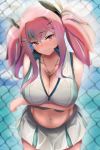  1girl absurdres arm_behind_back arm_under_breasts azur_lane bangs bare_shoulders blue_sky blurry blurry_background blush breasts bremerton_(azur_lane) bremerton_(scorching-hot_training)_(azur_lane) chain-link_fence cleavage closed_mouth collarbone crop_top crop_top_overhang depth_of_field fence hair_ornament hairclip heart heart_necklace highres huge_filesize large_breasts long_hair looking_at_viewer multicolored_hair navel orionstar pink_eyes pink_hair sidelocks sky smile solo sportswear streaked_hair tennis_uniform twintails two-tone_shirt two-tone_skirt x_hair_ornament 