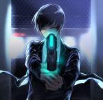  1boy aiming aiming_at_viewer black_hair black_jacket blurry chain-link_fence chixi depth_of_field dominator_(gun) fence formal glowing glowing_weapon green_eyes ground_vehicle gun holding holding_gun holding_weapon jacket long_sleeves looking_at_viewer male_focus night outstretched_arms parody psycho-pass solo suit train tsuji_shinnosuke upper_body weapon wind world_trigger 