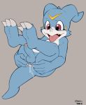  3_claws 5_fingers anus balls blue_balls blue_penis blush claws dandi digimon digimon_(species) fingers genitals male open_mouth penis solo spread_anus spreading tongue veemon 