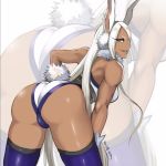  1girl animal_ears ass bare_shoulders bent_over blue_legwear boku_no_hero_academia breasts bunny_ears bunny_tail dark_skin grin large_breasts leaning_forward long_hair looking_back mirko muscle muscular_female shibusun smile solo tail thighhighs white_hair zoom_layer 
