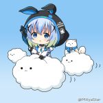  1girl :3 animal animal_ears animal_hood bangs black_gloves blue_background blue_bow blue_eyes blue_hair bow brooch bunny_ears bunny_hood chibi closed_mouth cloud collarbone commentary_request dog eyebrows_visible_through_hair fake_animal_ears fingerless_gloves gloves gochuumon_wa_usagi_desu_ka? gradient gradient_background gradient_hair green_hair hair_between_eyes hair_ornament holding hood hood_up jacket jewelry kafuu_chino long_sleeves miicha multicolored_hair shirt solid_circle_eyes solo twitter_username white_jacket white_shirt x_hair_ornament 