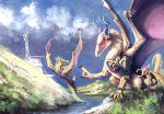  2020 day detailed_background digital_media_(artwork) dragon fur furred_dragon grass group hi_res membrane_(anatomy) membranous_wings outside owlbarrel sitting sky smile wings 
