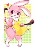  &lt;3 2020 3:4 aliasing amber_eyes anthro apron apron_only blush border breasts clothing cookware countershade_face countershade_tail countershade_torso countershading domestic_rabbit female food frying_pan full-length_portrait fur head_tuft holding_object kitchen_utensils ladle lagomorph leporid low_res mammal mostly_nude neck_tuft oryctolagus pink_body pink_fur portrait rabbit scut_tail simple_background solo takiune_(pixiv) thick_thighs tools tuft white_border white_inner_ear 