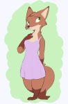  2020 absurd_res anthro barefoot black_nose brown_body brown_fur canid canine cheek_tuft clothed clothing dipstick_tail disney dress facial_tuft female fox fur gloves_(marking) green_background green_eyes head_tuft hi_res leg_markings mammal markings mrs._wilde multicolored_tail neck_tuft red_fox simple_background smile socks_(marking) solo standing tuft zhan zootopia 