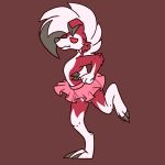  1:1 ambiguous_gender apex_doodles black_hair black_nose bottomwear claws clothing fur hair hi_res hypnosis lycanroc midnight_lycanroc mind_control nintendo pok&eacute;mon pok&eacute;mon_(species) red_background red_body red_eyes red_fur simple_background skirt solo toe_claws video_games white_body white_fur white_hair 
