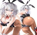 1girl all_fours animal_ears ascot ass black_footwear black_leotard blue_eyes breasts brown_legwear bunny_ears bunny_girl bunnysuit cleavage commentary_request detached_collar fishnet_legwear fishnets full_body graphite_(medium) high_heels highres kantai_collection kashima_(kantai_collection) large_breasts leotard looking_at_viewer looking_back pantyhose red_neckwear sidelocks silver_hair strapless strapless_leotard tororo_ten traditional_media twintails wavy_hair white_background wrist_cuffs 