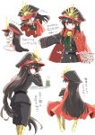  1girl bangs belt black_hair black_headwear black_jacket black_pants breasts buttons cape chibi family_crest fate/grand_order fate_(series) hat jacket kodamari koha-ace long_hair long_sleeves looking_at_viewer multiple_views oda_nobunaga_(fate) oda_nobunaga_(fate)_(all) oda_uri pants peaked_cap red_cape red_eyes simple_background sitting small_breasts white_background 