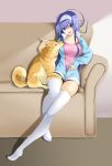  1girl blue_jacket couch dog headband highres jacket orie_(under_night_in-birth) pink_shirt shirt sitting under_night_in-birth white_legwear 