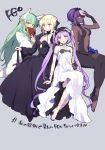  4girls aqua_hair artoria_pendragon_(all) bangs bare_shoulders belt black_dress black_gloves black_leotard blonde_hair blush braid breasts center_opening cleavage dark_excalibur dark_persona dark_skin dragon_horns dress euryale fan fate/grand_order fate/hollow_ataraxia fate/prototype fate/prototype:_fragments_of_blue_and_silver fate/stay_night fate_(series) feet fingerless_gloves french_braid frilled_hairband frills gloves hair_ribbon hairband hassan_of_serenity_(fate) highres holding holding_fan horns japanese_clothes kimono kiyohime_(fate/grand_order) kodamari leggings leotard lolita_hairband long_hair long_sleeves looking_at_viewer medium_breasts multiple_girls multiple_horns navel purple_eyes purple_hair ribbon saber_alter short_hair simple_background sitting skull_mask small_breasts smile sword twintails weapon white_dress white_kimono wide_sleeves yellow_eyes 