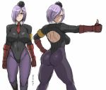  1girl ass breasts cosplay fate/grand_order fate_(series) garrison_cap glasses gloves hair_over_one_eye hat large_breasts leotard looking_at_viewer mash_kyrielight multiple_views necktie purple_eyes purple_hair shibusun short_hair simple_background sketch smile street_fighter thumbs_up vega vega_(cosplay) white_background 