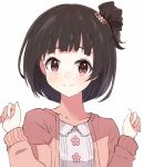  1girl bangs black_hair blush brown_eyes brown_jacket closed_mouth collarbone collared_shirt enelis eyebrows_behind_hair hands_up idolmaster idolmaster_million_live! idolmaster_million_live!_theater_days jacket long_sleeves looking_at_viewer nakatani_iku one_side_up open_clothes open_jacket shirt simple_background smile solo white_background white_shirt 