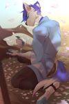  2020 2:3 4_toes 5_fingers anthro black_nose canid canine canis clothed clothing day detailed_background digital_media_(artwork) dragon fingers hair hi_res hybrid kneeling kodashi male mammal outside purple_hair solo toes wolf 