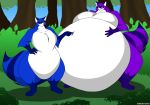  anthro belly big_belly blue_body blue_fur breasts cjshadorunner duo female forest fur hyper hyper_belly male male/female mammal overweight overweight_female poking procyonid purple_body purple_fur raccoon tree 