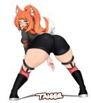  1girl ;p animal_ears ass bent_over bike_shorts black_footwear blue_eyes boots breasts character_name commentary english_commentary facial_mark fictional_persona fox_ears fox_tail frills full_body garter_straps garters highres long_hair looking_back medium_breasts meme ok_sign one_eye_closed orange_hair original over-kneehighs pink_legwear ponytail solo taiger tail thick_thighs thighhighs thighs tongue tongue_out vrchat when_you_see_it 